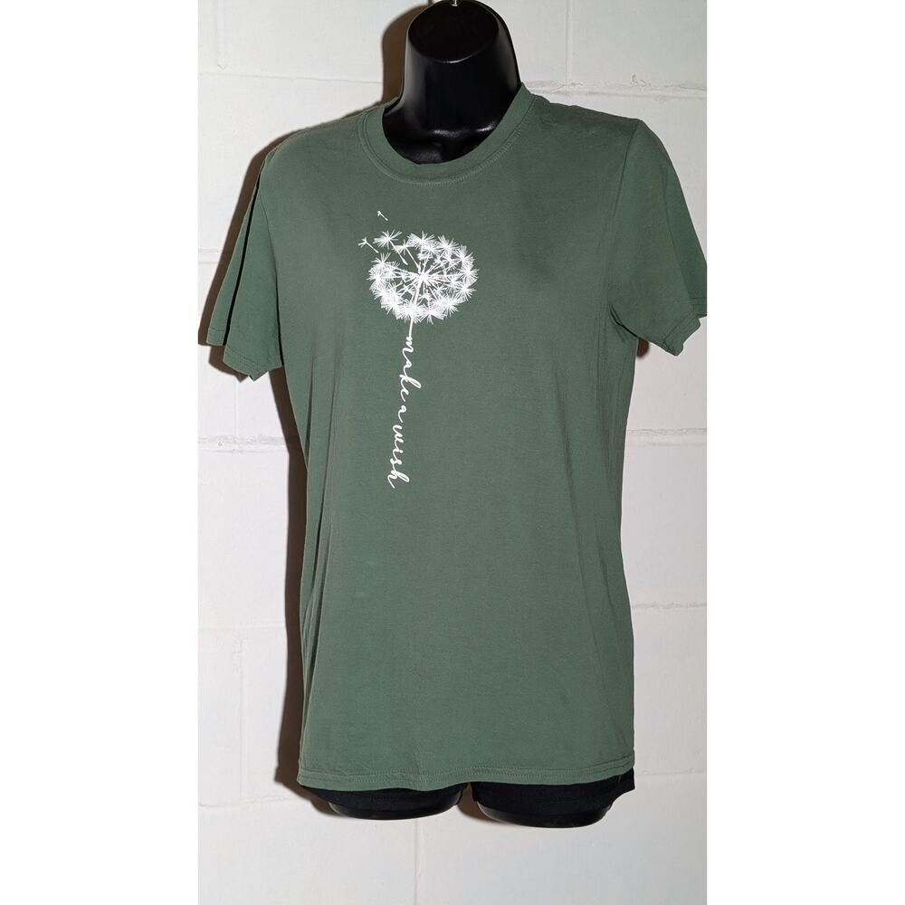 Gildan Olive Green Wish Dandelion Graphic Tee Short Sleeve Cotton T-Shirt Small